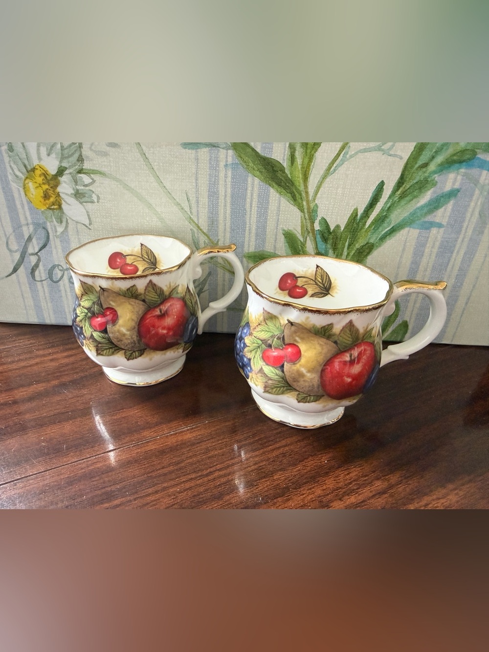 Vintage Queens Fine Bone China Mugs Antique Fruit Patter Set Of2 Made In England